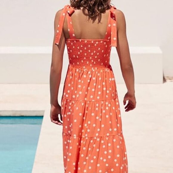 Goldstitch L Orange Polka Dot Boho Smocked Maxi Dress - Picture 4 of 8